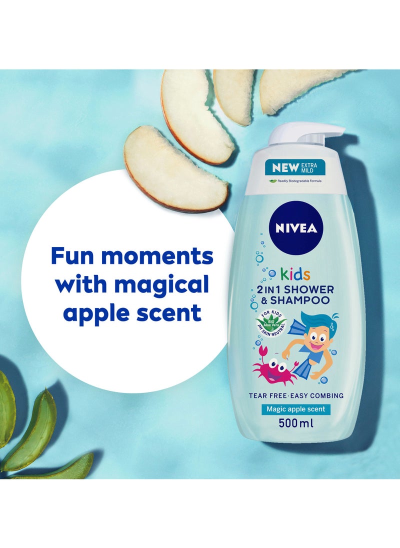 Kids 3 In 1 Shower And Shampoo Bath Bio Aloe Vera Apple Scent 2 x 500ml