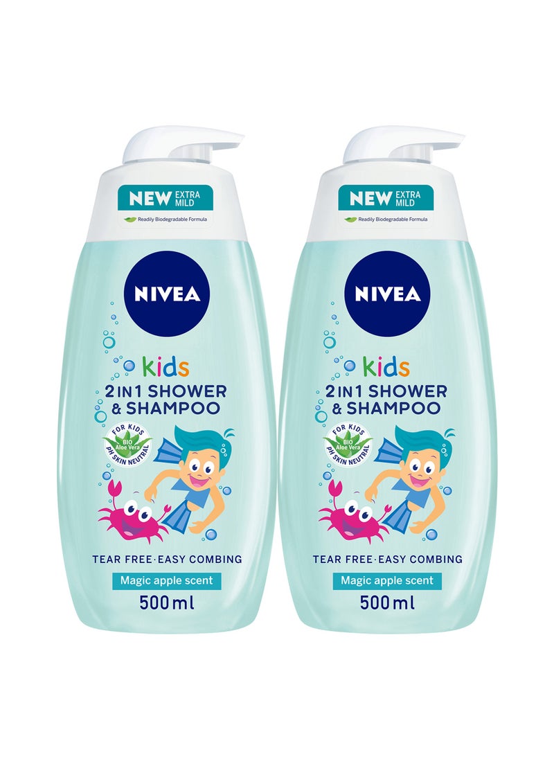 Kids 3 In 1 Shower And Shampoo Bath Bio Aloe Vera Apple Scent 2 x 500ml