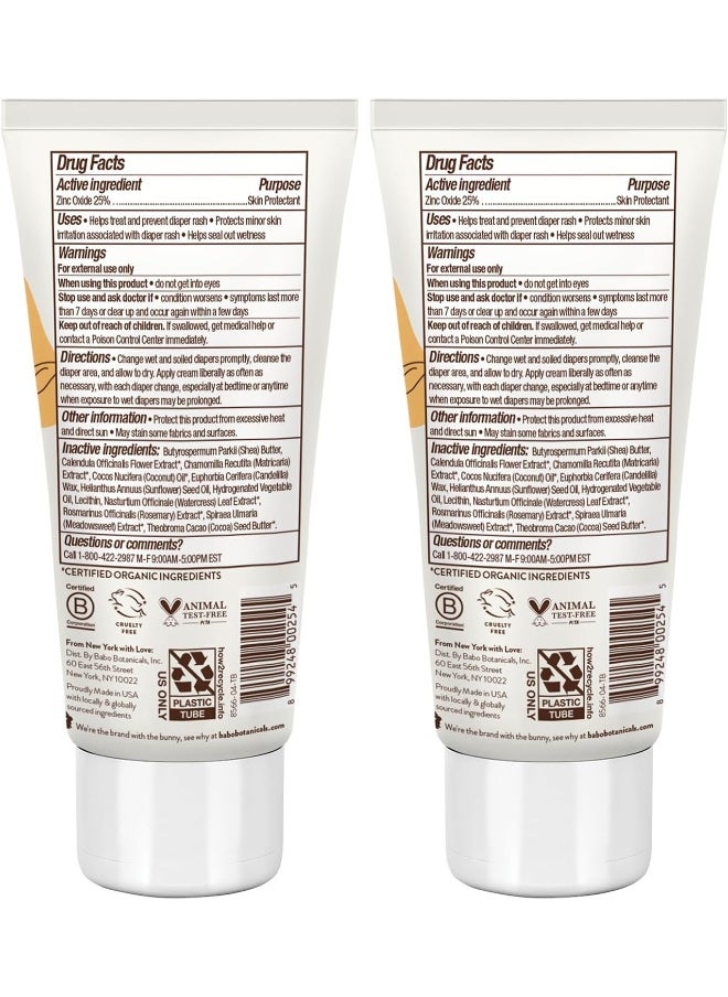 Babo Botanicals Sensitive Baby Fragrance-Free Diaper Cream - 25% Natural Zinc Oxide - Calendula, Shea & Cocoa Butter - EWG Verified - Vegan- From birth on - 2-Pack
