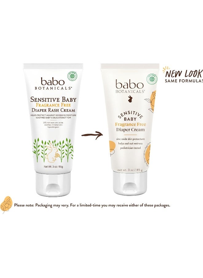 Babo Botanicals Sensitive Baby Fragrance-Free Diaper Cream - 25% Natural Zinc Oxide - Calendula, Shea & Cocoa Butter - EWG Verified - Vegan- From birth on - 2-Pack