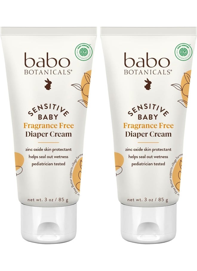 Babo Botanicals Sensitive Baby Fragrance-Free Diaper Cream - 25% Natural Zinc Oxide - Calendula, Shea & Cocoa Butter - EWG Verified - Vegan- From birth on - 2-Pack