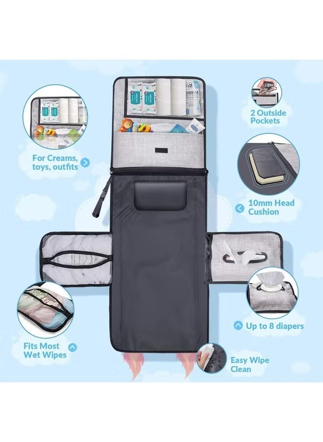 Portable Diaper Changing Pad with A Wipes Dispenser and A Comfortable Pillow, Portable Changing pad for Newborn Girl and Boy, Waterproof Travel Changing Kit, Baby Gift (Grey)