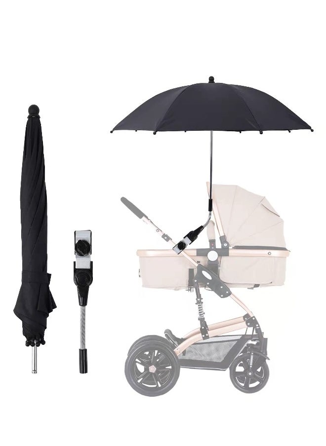 Universal 75 cm Baby Stroller Parasol with Clip - 360° Adjustable UV Protection Umbrella (50+) for Strollers, Wheelchairs, and Beach Chairs - Waterproof Sunshade in Black.