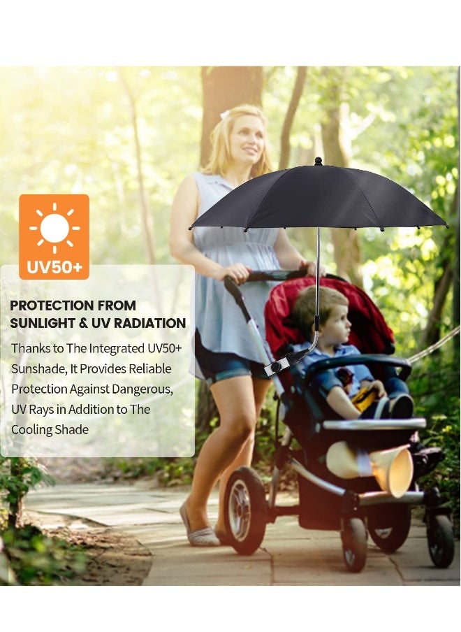 Universal 75 cm Baby Stroller Parasol with Clip - 360° Adjustable UV Protection Umbrella (50+) for Strollers, Wheelchairs, and Beach Chairs - Waterproof Sunshade in Black.
