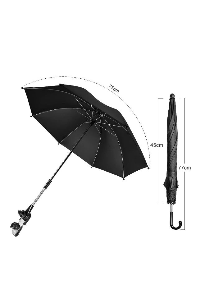 Universal 75 cm Baby Stroller Parasol with Clip - 360° Adjustable UV Protection Umbrella (50+) for Strollers, Wheelchairs, and Beach Chairs - Waterproof Sunshade in Black.