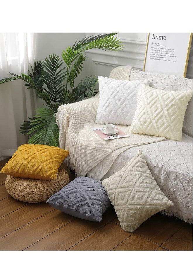 Soft Faux Fur Throw Pillow Covers, 16 x 16 Inch Plush Short Wool Velvet Decorative Pillow Covers, Couch Sofa Pillow Covers for Living Room with 3D Diamond Pattern (Set of 2, Cream White)
