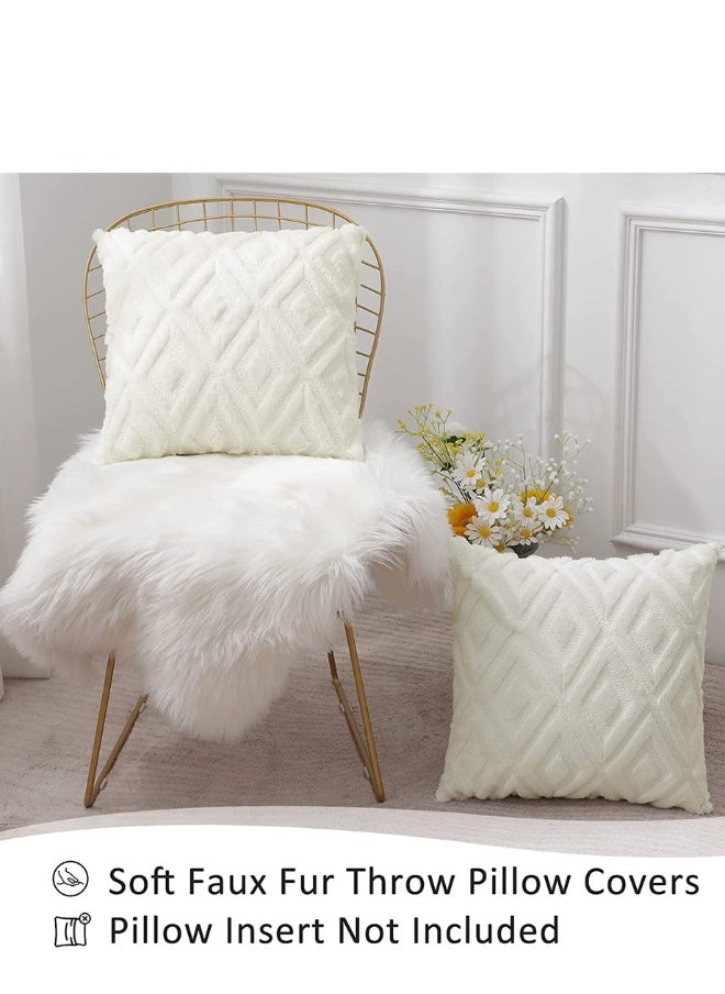 Soft Faux Fur Throw Pillow Covers, 16 x 16 Inch Plush Short Wool Velvet Decorative Pillow Covers, Couch Sofa Pillow Covers for Living Room with 3D Diamond Pattern (Set of 2, Cream White)