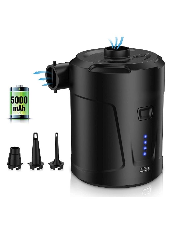 Electric Air Pump for Inflatables, with 3 Nozzles USB/ 5000mAh Rechargeable Battery, for Air Mattress, Pool Floats, Air Bed, Portable Inflator Deflator Pump
