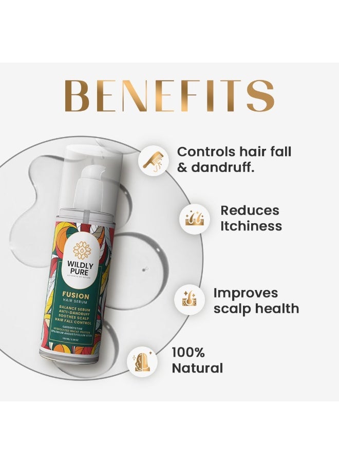 Hair Serum for Hair Fall and Dandruff with Polypeptides, Rosebay Extract , Carbocysteine & Hyaluronic Acid | Mechanical Strength in one week | Dandruff Reduction in one week | Men & women 100mL (Fusion)