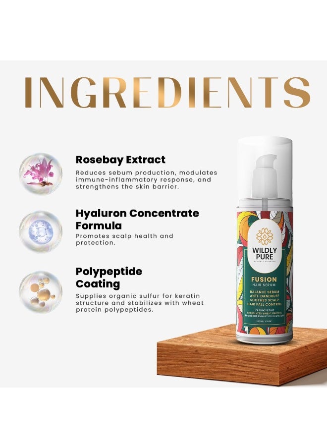 Hair Serum for Hair Fall and Dandruff with Polypeptides, Rosebay Extract , Carbocysteine & Hyaluronic Acid | Mechanical Strength in one week | Dandruff Reduction in one week | Men & women 100mL (Fusion)