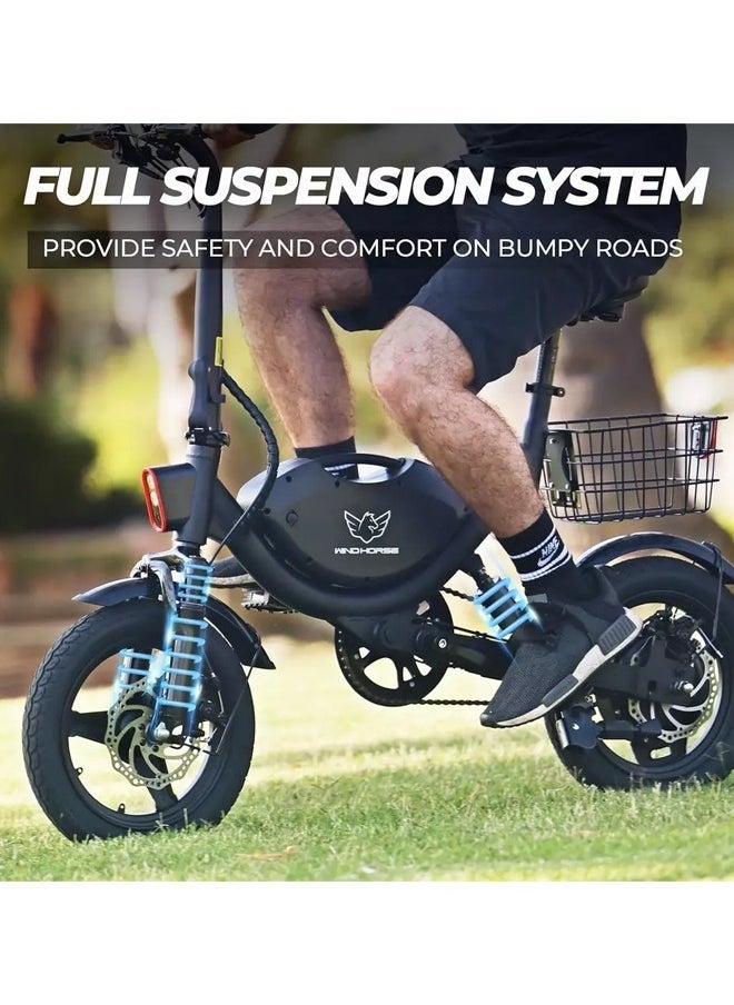 Foldable Electric Bike for Adults 500W Brushless Hub Motor, 35 KMH Max Speed, 19-35 KM Range with 36V 8AH Battery, 14 Inches Tires with Dual Suspension and Disc Brakes, Lightweight Carbon Alloy Frame, Urban Commuter E-Bike with Basket for Easy Storage and Transport