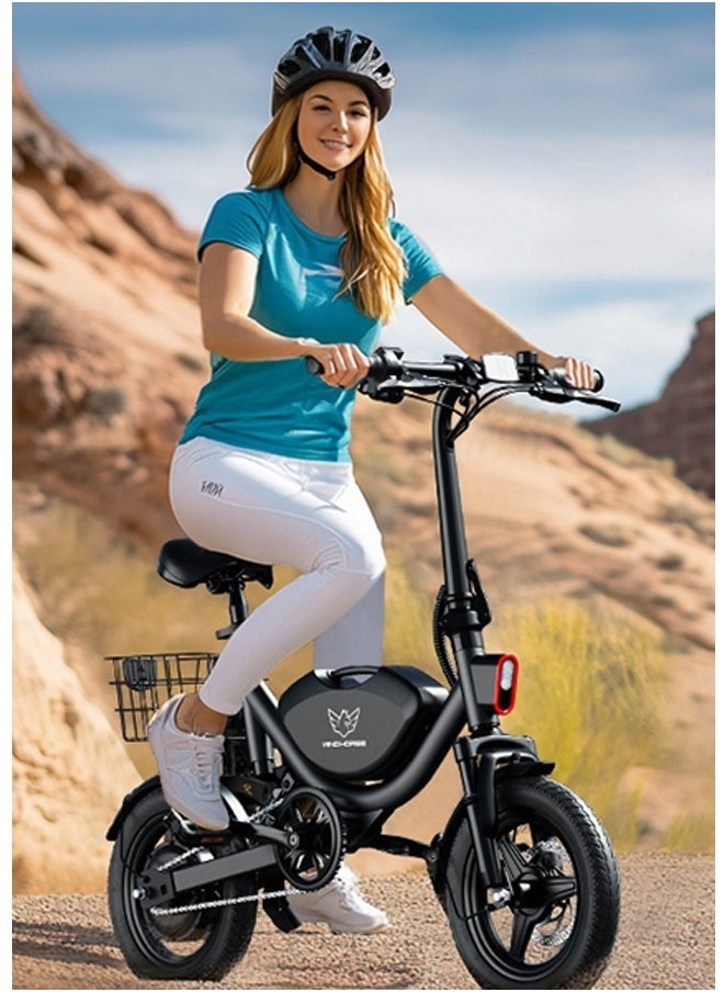 Foldable Electric Bike for Adults 500W Brushless Hub Motor, 35 KMH Max Speed, 19-35 KM Range with 36V 8AH Battery, 14 Inches Tires with Dual Suspension and Disc Brakes, Lightweight Carbon Alloy Frame, Urban Commuter E-Bike with Basket for Easy Storage and Transport
