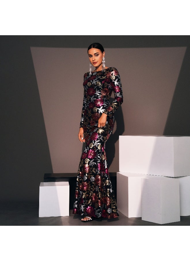 Elegant Floral Sequin Long Evening Dress with Fitted Round Neck