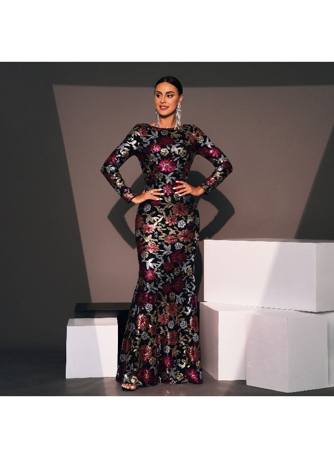 Elegant Floral Sequin Long Evening Dress with Fitted Round Neck