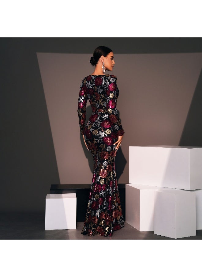 Elegant Floral Sequin Long Evening Dress with Fitted Round Neck