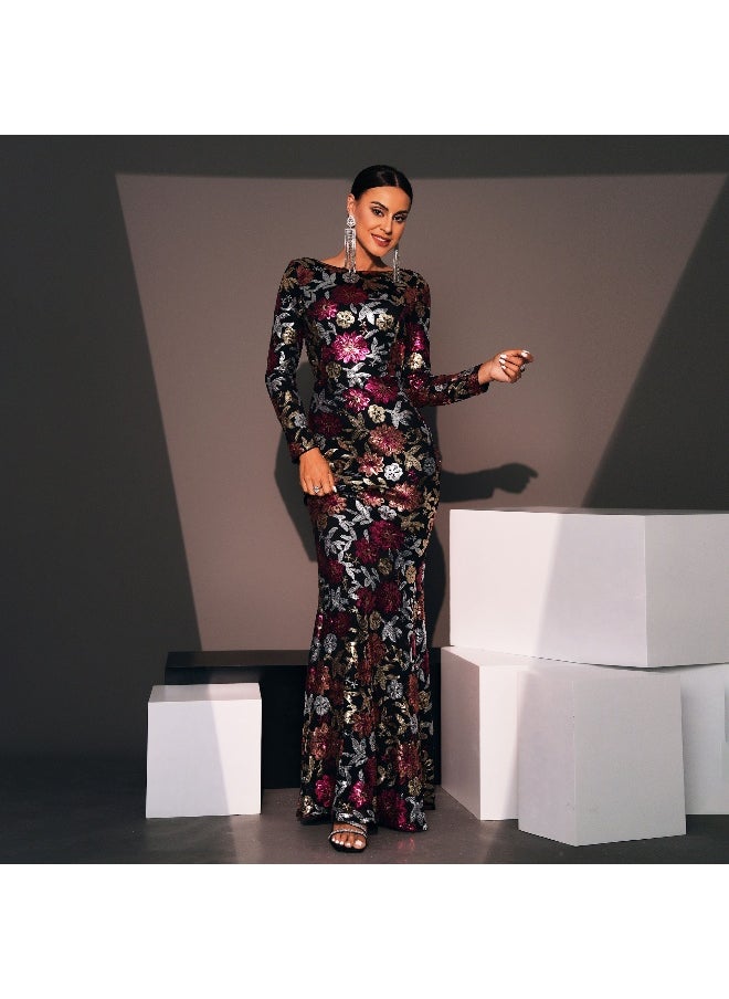 Elegant Floral Sequin Long Evening Dress with Fitted Round Neck