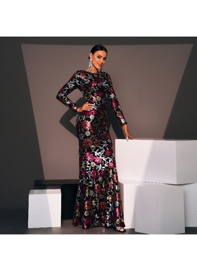 Elegant Floral Sequin Long Evening Dress with Fitted Round Neck