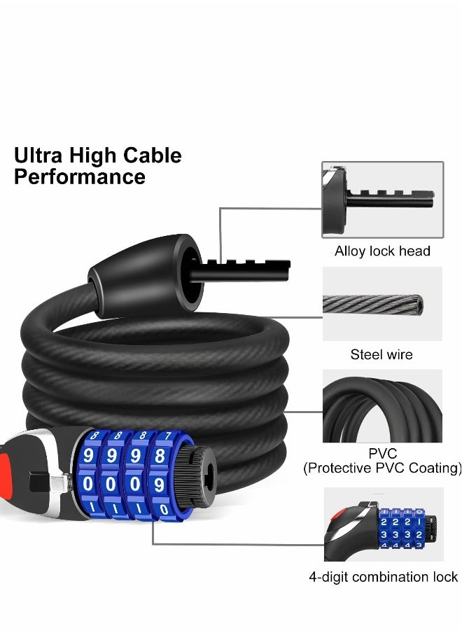 Bike Lock with LED Night Light 4-Digit Resettable Number Combination Cable Lock High Security Chain Lock for Bicycle Outdoors and Other Items That Need to Be Secured, 120cm/12mm (Black)
