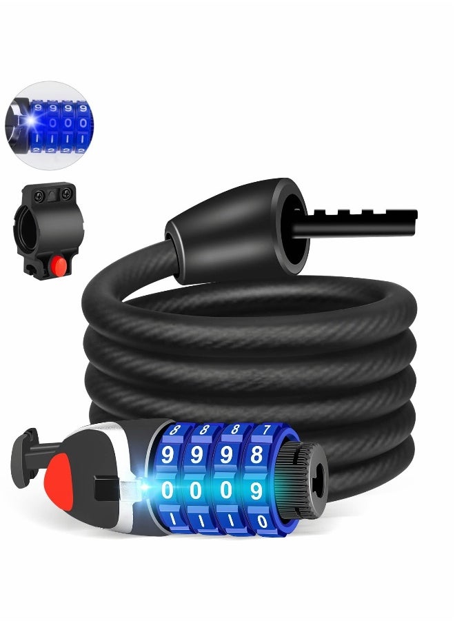 Bike Lock with LED Night Light 4-Digit Resettable Number Combination Cable Lock High Security Chain Lock for Bicycle Outdoors and Other Items That Need to Be Secured, 120cm/12mm (Black)