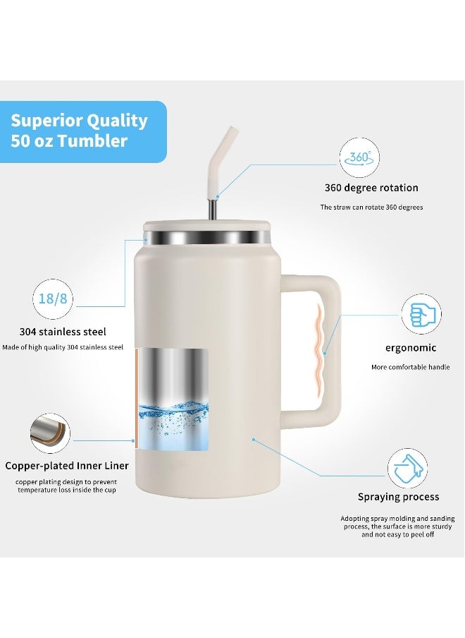 Insulated Coffee, Mug 50 oz Tumbler with Handle - Metal Straws - Vacuum Insulated Tumbler Stainless Steel Insulated Cup Water Bottle Coffee Travel Mug Spill Proof Leak Proof Reusable Large Tumblers
