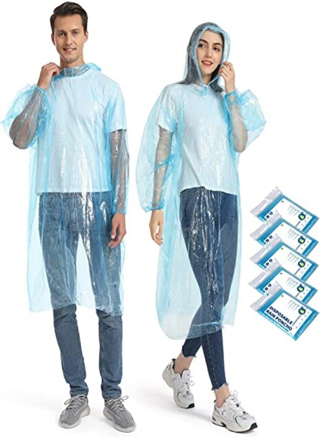 5-Pack Disposable Rain Ponchos for Adults, Clear Waterproof Jacket with Drawstring Hood and Elastic Sleeves, Ideal for Travel, Outdoor Activities, Hiking, and Emergencies (Blue)