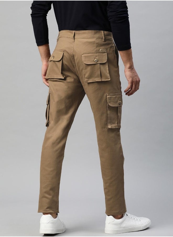 Men's Khaki 100% Cotton Solid Full Length Cargo Regular Fit Trouser