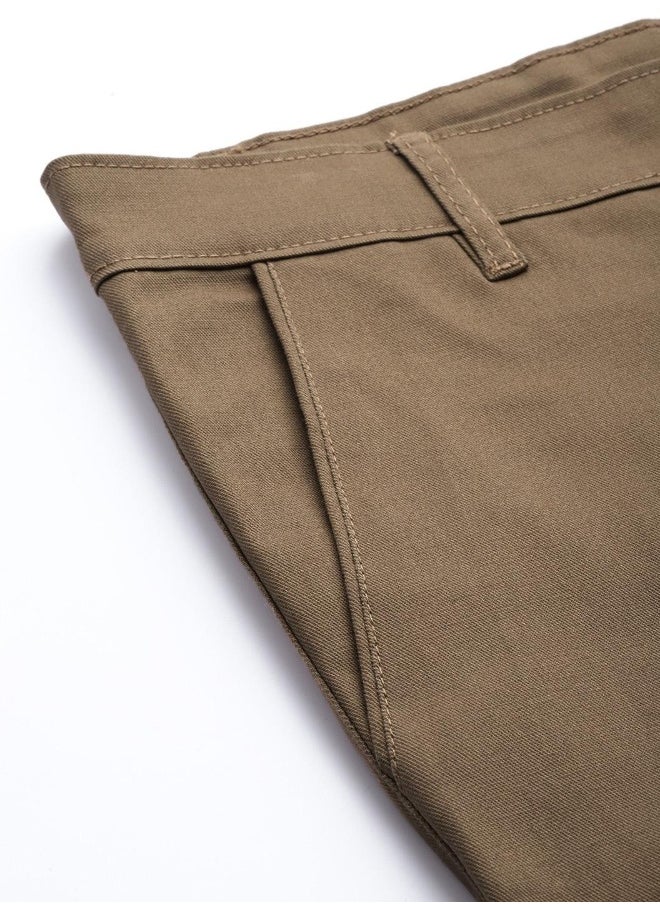 Men's Khaki 100% Cotton Solid Full Length Cargo Regular Fit Trouser