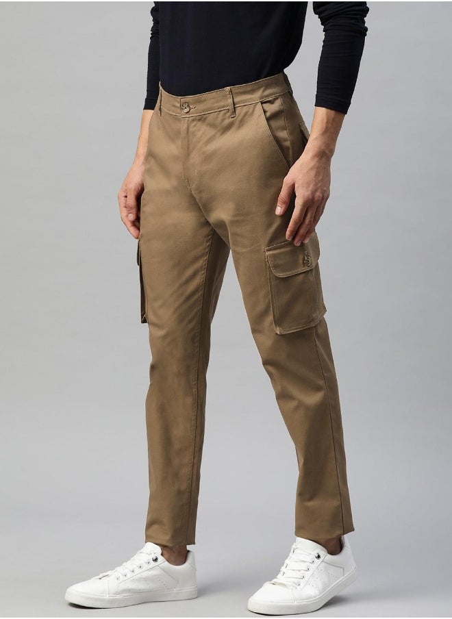 Men's Khaki 100% Cotton Solid Full Length Cargo Regular Fit Trouser