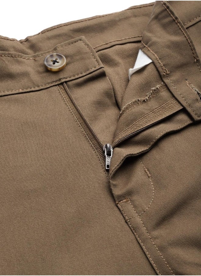 Men's Khaki 100% Cotton Solid Full Length Cargo Regular Fit Trouser