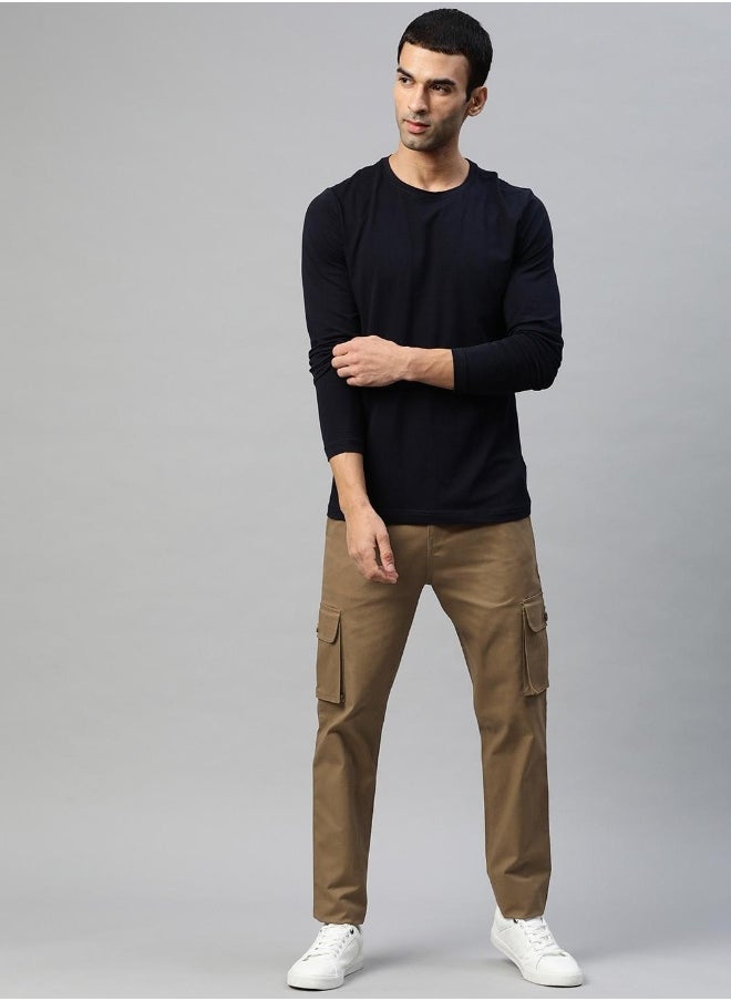 Men's Khaki 100% Cotton Solid Full Length Cargo Regular Fit Trouser
