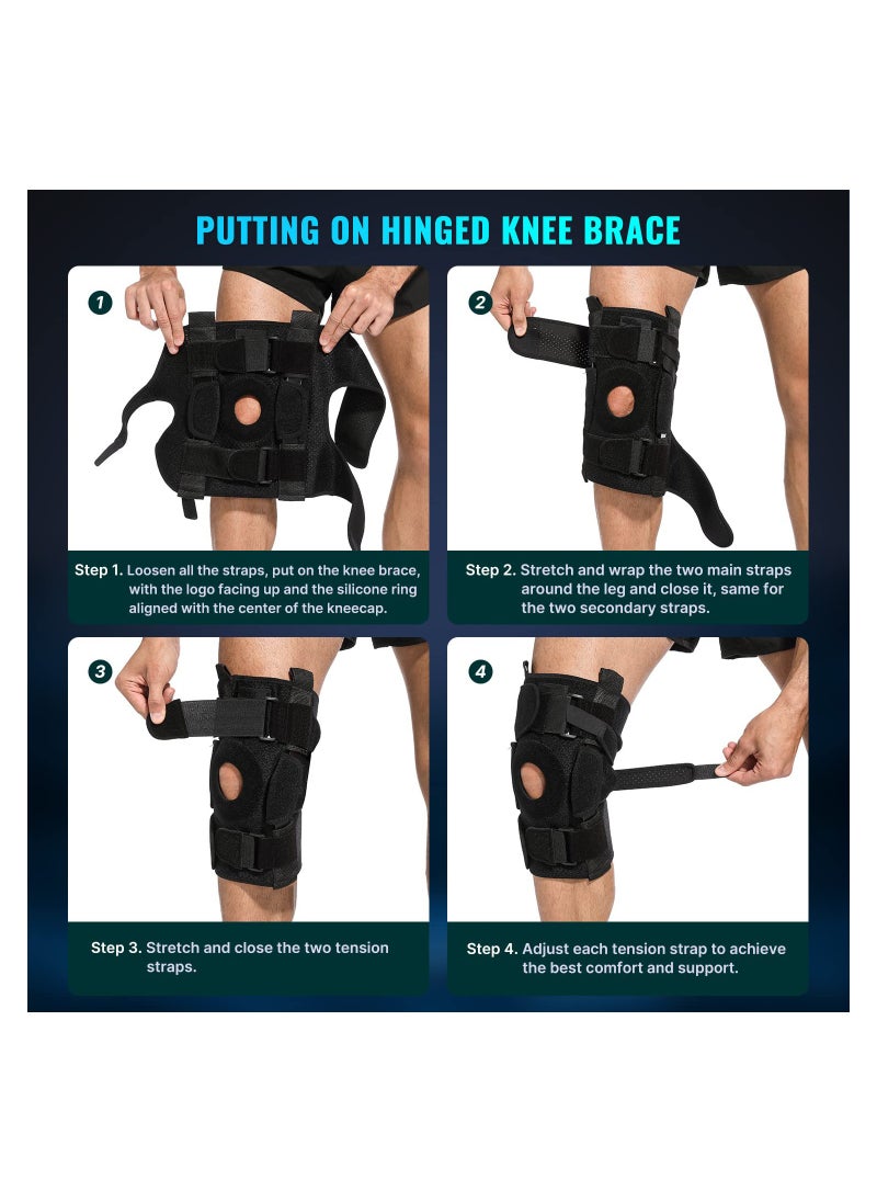 Hinged Knee Brace Upgraded Support for Knee Pain/Removable Dual Metal Hinges & Built-in Side Spring Stabilizers - Adjustable for Men and Women Surgery Recovery or Injury Prevention (M)
