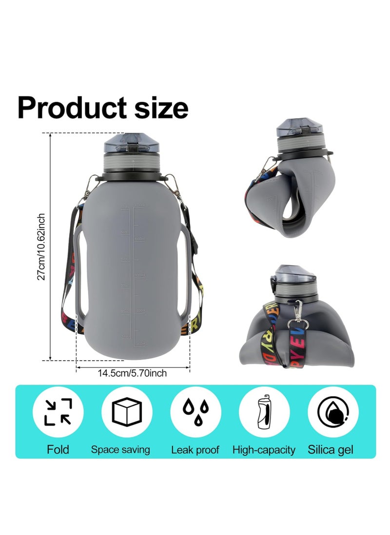 Collapsible Water Bottle, 2L/64oz Sport Water Bottle, Food-Grade BPA-Free Silicone Travel Water Bottles, with Strap Handle, Silicone Water Bottle with Detachable Straw for Fitness, Leak Proof, Gray