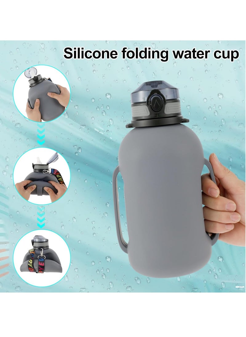 Collapsible Water Bottle, 2L/64oz Sport Water Bottle, Food-Grade BPA-Free Silicone Travel Water Bottles, with Strap Handle, Silicone Water Bottle with Detachable Straw for Fitness, Leak Proof, Gray