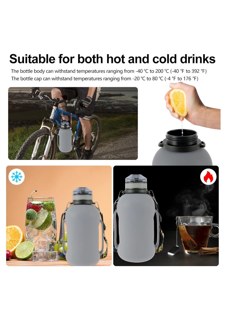 Collapsible Water Bottle, 2L/64oz Sport Water Bottle, Food-Grade BPA-Free Silicone Travel Water Bottles, with Strap Handle, Silicone Water Bottle with Detachable Straw for Fitness, Leak Proof, Gray