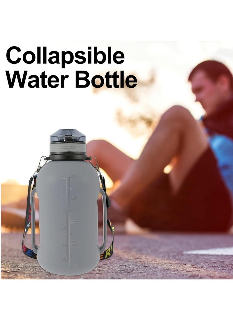 Collapsible Water Bottle, 2L/64oz Sport Water Bottle, Food-Grade BPA-Free Silicone Travel Water Bottles, with Strap Handle, Silicone Water Bottle with Detachable Straw for Fitness, Leak Proof, Gray