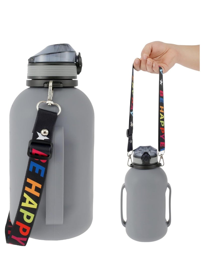 Collapsible Water Bottle, 2L/64oz Sport Water Bottle, Food-Grade BPA-Free Silicone Travel Water Bottles, with Strap Handle, Silicone Water Bottle with Detachable Straw for Fitness, Leak Proof, Gray