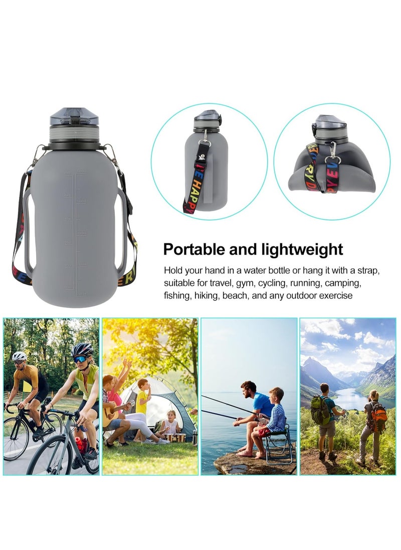 Collapsible Water Bottle, 2L/64oz Sport Water Bottle, Food-Grade BPA-Free Silicone Travel Water Bottles, with Strap Handle, Silicone Water Bottle with Detachable Straw for Fitness, Leak Proof, Gray