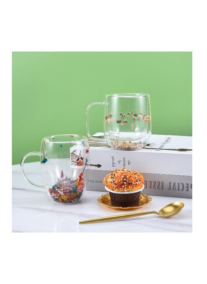 Double Walled Glass Coffee Mug with Handle, Insulated Layer Coffee Cup, Demitasse Clear Cups with Flower, Perfect for Cappuccino Tea Latte Espresso Hot Beverage, 300ml