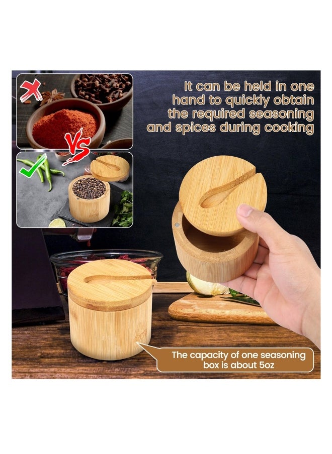 Bamboo Salt Bowls, Salt and Pepper Box with Magnetic Swivel Lid and Spoon, Seasoning Container for Salt, Pepper, Spice, and Sugar, 2PCS