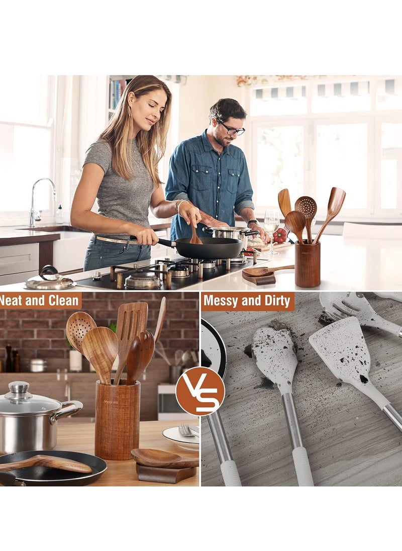 9 Piece Natural Teak Wooden Kitchen Utensil Set with Spoon Rest, Comfort Grip Cooking Spoons and Utensils Holder, Non-Stick Wooden Spoons for Cooking, Kitchen Gift Set