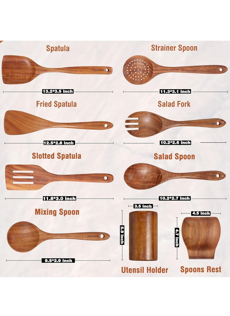 9 Piece Natural Teak Wooden Kitchen Utensil Set with Spoon Rest, Comfort Grip Cooking Spoons and Utensils Holder, Non-Stick Wooden Spoons for Cooking, Kitchen Gift Set