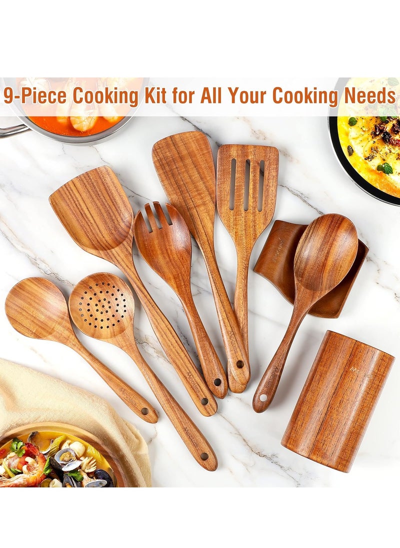 9 Piece Natural Teak Wooden Kitchen Utensil Set with Spoon Rest, Comfort Grip Cooking Spoons and Utensils Holder, Non-Stick Wooden Spoons for Cooking, Kitchen Gift Set