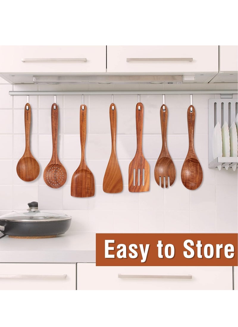 9 Piece Natural Teak Wooden Kitchen Utensil Set with Spoon Rest, Comfort Grip Cooking Spoons and Utensils Holder, Non-Stick Wooden Spoons for Cooking, Kitchen Gift Set