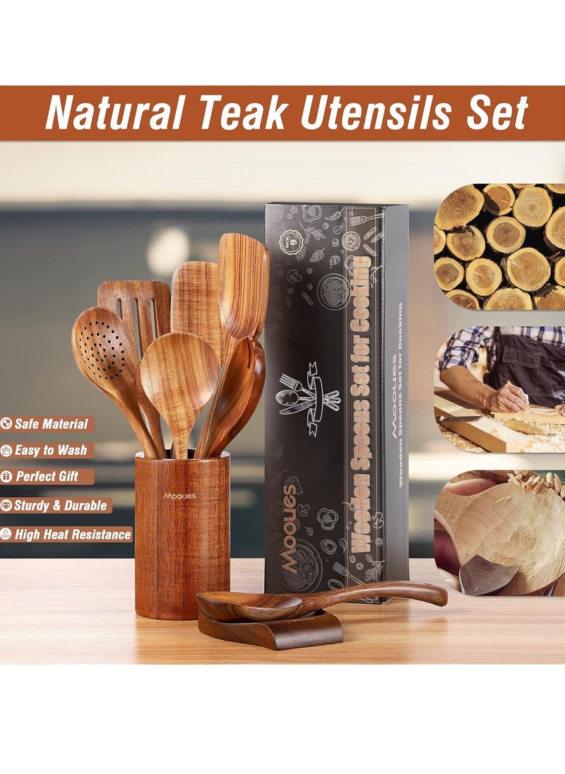 9 Piece Natural Teak Wooden Kitchen Utensil Set with Spoon Rest, Comfort Grip Cooking Spoons and Utensils Holder, Non-Stick Wooden Spoons for Cooking, Kitchen Gift Set