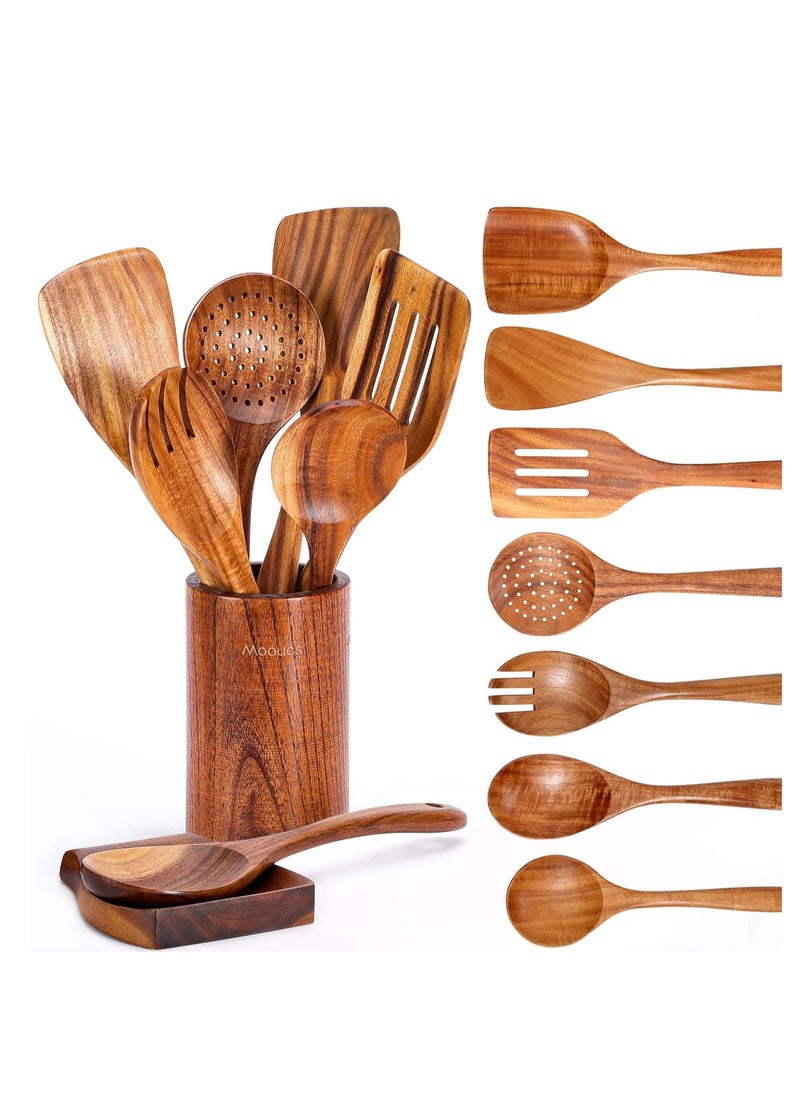 9 Piece Natural Teak Wooden Kitchen Utensil Set with Spoon Rest, Comfort Grip Cooking Spoons and Utensils Holder, Non-Stick Wooden Spoons for Cooking, Kitchen Gift Set