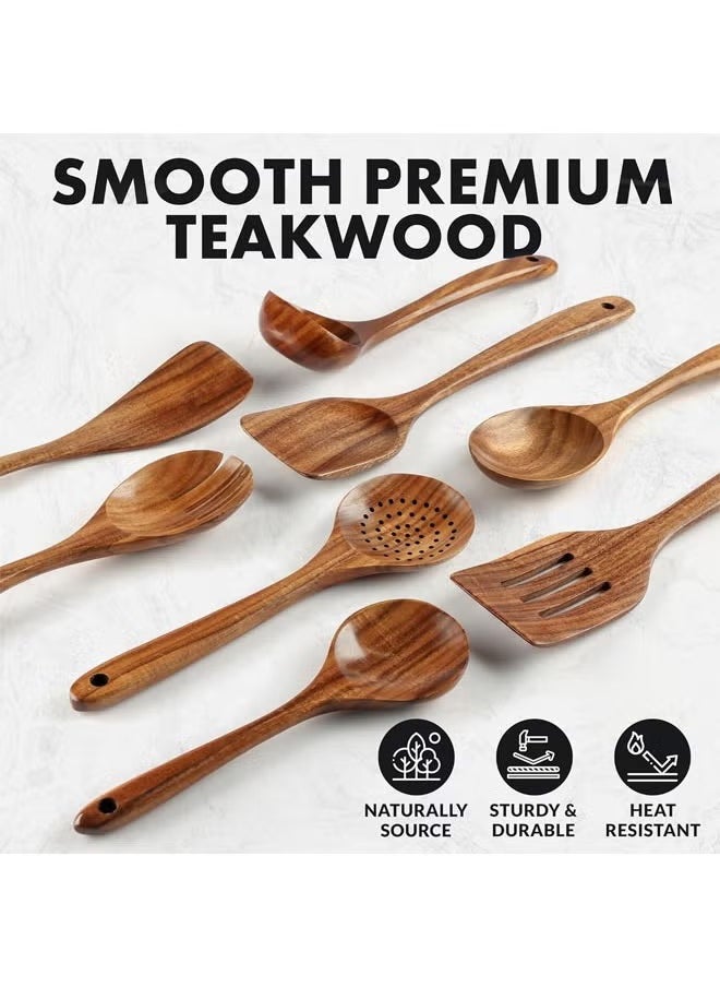 8-Piece Wooden Spoons for Cooking - Smooth Finish Teak Wooden Utensils for Cooking - Soft Comfort-Grip Wood Spoons for Cooking - Non-Stick Wooden Cooking Utensils - Wooden Spoon Sets