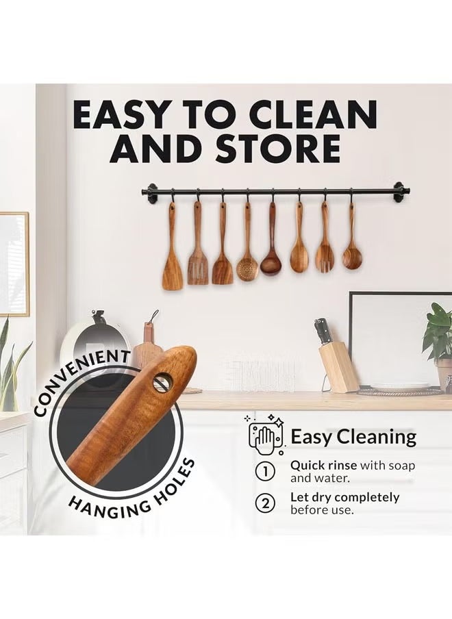 8-Piece Wooden Spoons for Cooking - Smooth Finish Teak Wooden Utensils for Cooking - Soft Comfort-Grip Wood Spoons for Cooking - Non-Stick Wooden Cooking Utensils - Wooden Spoon Sets