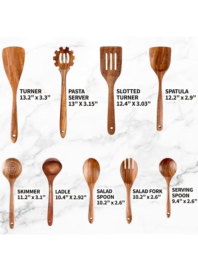 9-Piece Teak Wooden Utensils for Cooking, Smooth Finish Natural Teak Utensil Set, Non-Stick Wooden Spoons for Cooking, Kitchen Gift Set, Comfortable Grip Wooden Utensil Set
