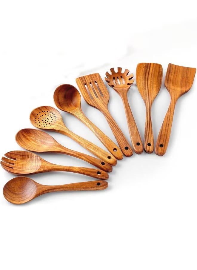 9-Piece Teak Wooden Utensils for Cooking, Smooth Finish Natural Teak Utensil Set, Non-Stick Wooden Spoons for Cooking, Kitchen Gift Set, Comfortable Grip Wooden Utensil Set