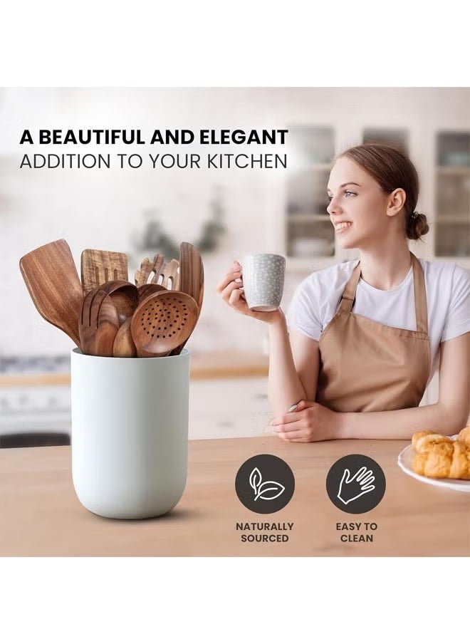 9-Piece Teak Wooden Utensils for Cooking, Smooth Finish Natural Teak Utensil Set, Non-Stick Wooden Spoons for Cooking, Kitchen Gift Set, Comfortable Grip Wooden Utensil Set